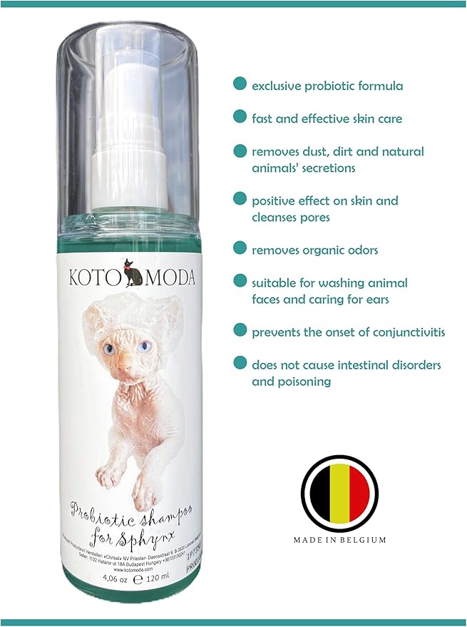 Probiotic Shampoo for Sphynx Cats, 8.45 fl oz (250 ml) Gentle Live-Probiotic Cleanser for Hairless and Sensitive-Skin Cats, Sulfate- and Paraben-Free, 40-60 Baths