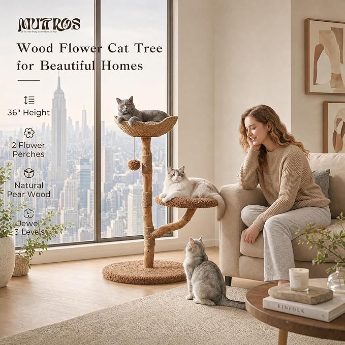 MUTTROS Modern Cat Tree Tower with Real Wood Branches and Wicker Basket Bed, Solid Wood Cat Climbing Furniture with Scratching Posts and 3 Hanging Balls for Indoor Cats, Brown