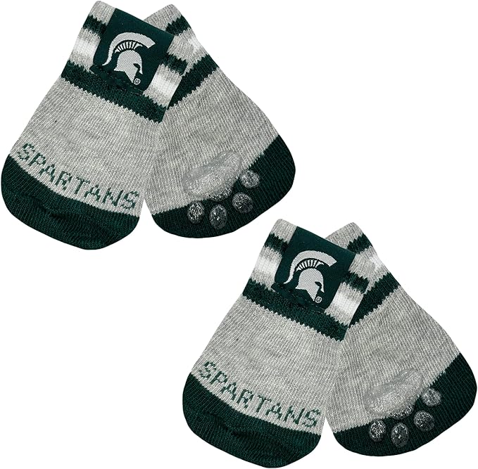 NCAA Michigan State Spartans Anti Slip Dog Socks with Elastic Ribbed Top, Size X-Small/Small. Indoor/Outdoor Socks Best Dog Paw Protector 2 pairs of Pet Socks with your favorite Collegiate Sports Team