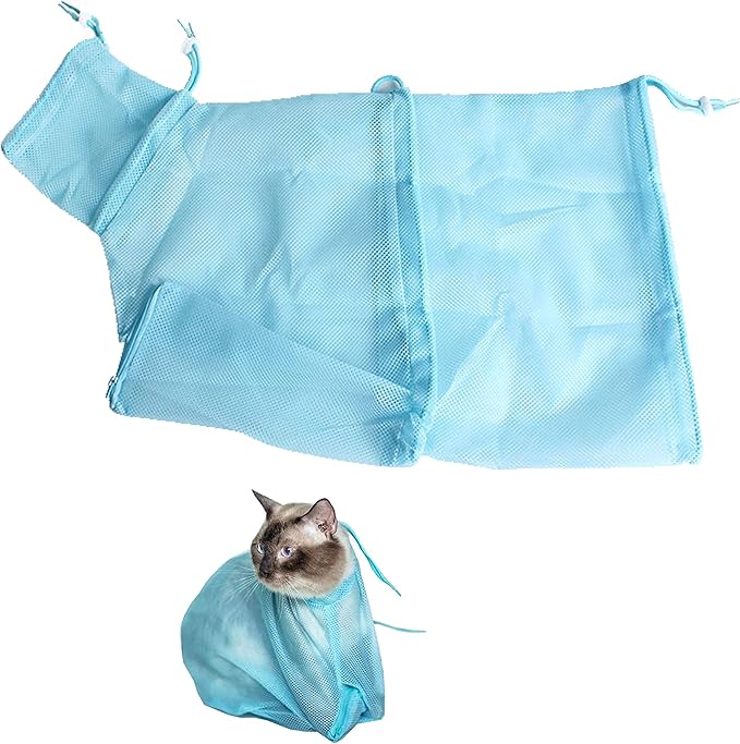 Adjustable Multifunctional Polyester Cat Washing Shower Mesh Bags Pet Nail Trimming Bags (Blue)