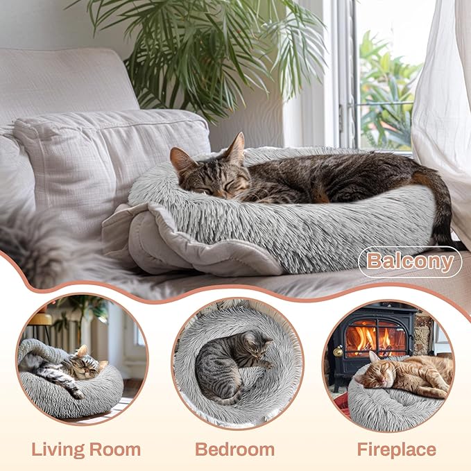 RAINFLOW Cat Bed - Calming Cat Bed for Small Kittens Donut Washable Round for Indoor Kittens and Puppies, Anti-Slip Round Fluffy Plush Faux Fur, Medium, Light Grey
