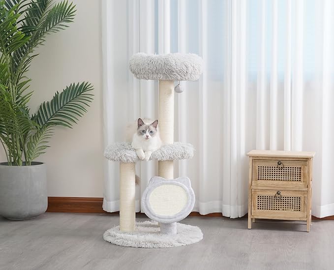 Petpals Medium Size Cat Tower with Replaceable Sisal Scratching Posts, Cat Head Shaped Sisal Scratching Pad and 2 Platform Shag Faux Fur View Perchs, for Indoor Cats, Light Grey (Light Grey)
