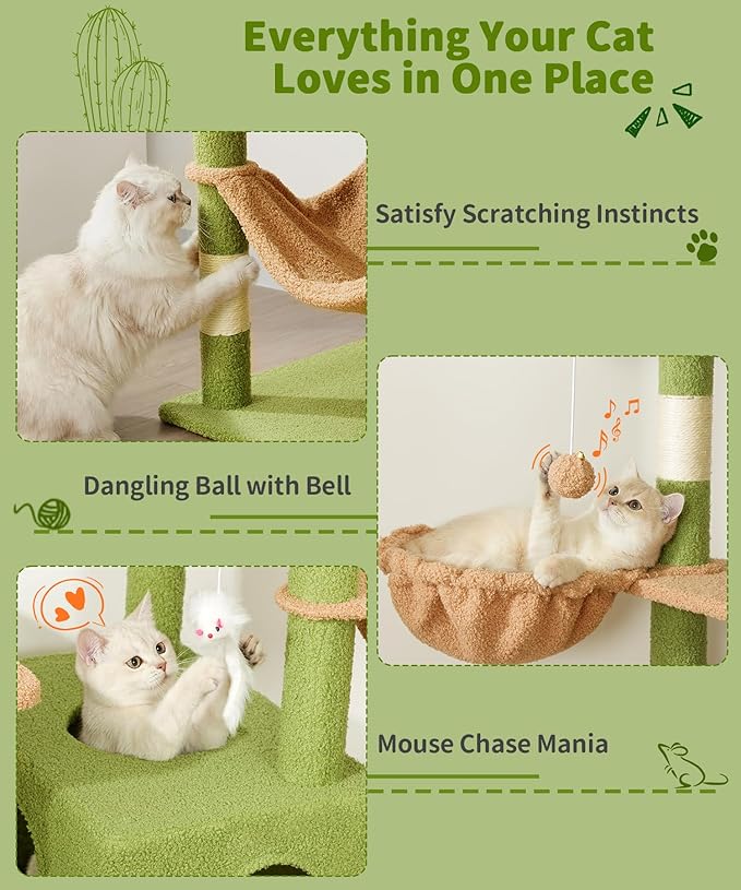 AMHANCIBLE Cactus Cat Tree, 70 Inch Tall Cat Tower for Indoor Cats, Multi-Level Cat Tree with Scratching Post, Hammock, Hanging Basket, Large Cat Condos for Adult Cats Kittens, Green, PT18GR