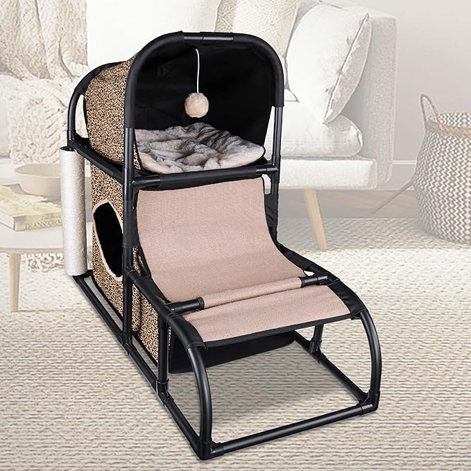 Goetland PVC Modern Cat Condo House Tree Medium Tower Bed Scratching Post Climber With Peek Hole and Dangling Ball for Kitty Indoors Leopard