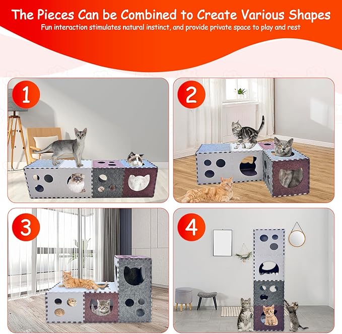 18 PCS Cat Tunnel, DIY Transformable Peekaboo Cat Cave, Scratch-Resistant Felt Cat Tunnel, Felt Cat Hideaway Cave with Interactive Peek Holes