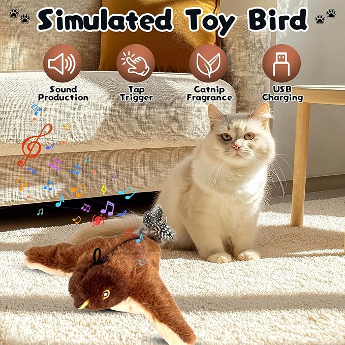 Interactive Chirping Bird Cat Toy,2026 New Flying Bird Cat Toy Flapping Bird Toy,Simulation Chirping Bird Toys Interactive Cats Toys for Bored Indoor Outdoor(1)