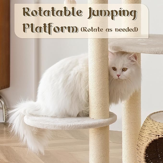 NUNU Modern Cat Tree, Modern Cat Trees Tower, Wooden Cat Tree for Large Cats, 39" Cat Tower for Indoor Cats, Hand-Woven Condo & Top Perch, for Kittens Climb, Play & Rest