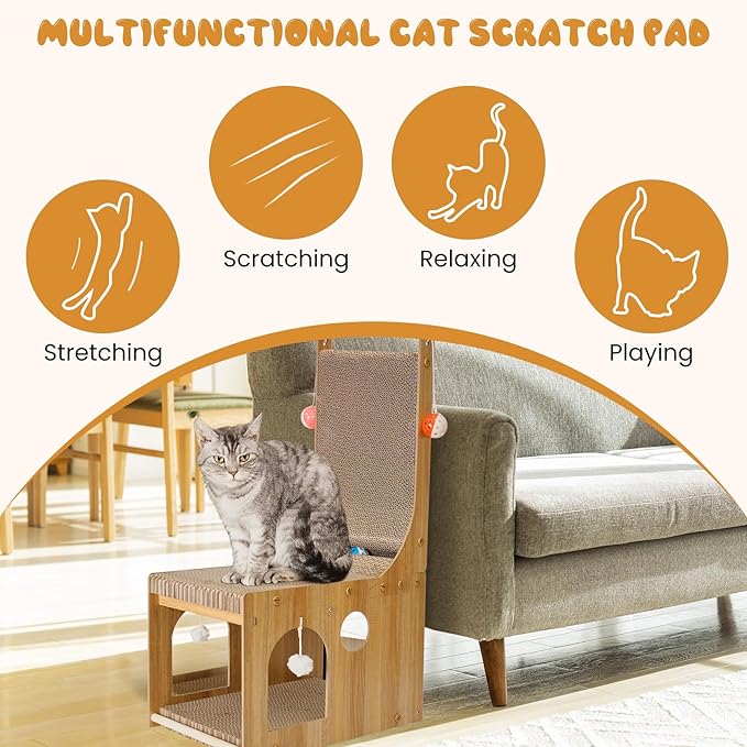 YEMOO Cat Scratcher, Double Layer Cat Scratching Board, L Shaped Vertical Cat Scratcher for Wall and Couch Protection, Cat Cardboard Scratcher with 5 Ball Toys for Indoor Cats