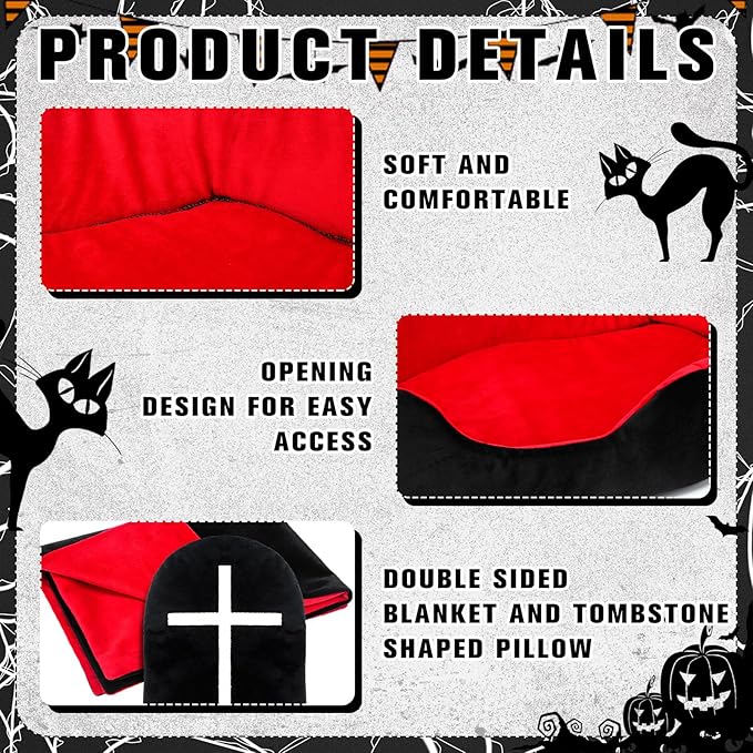 3 Pcs Gothic Cat Bed Set with 19 Inch Washable Coffin Cat Bed Black Tombstone Pillow Red and Black Blanket Gothic Pet Furniture Activity Center for Halloween