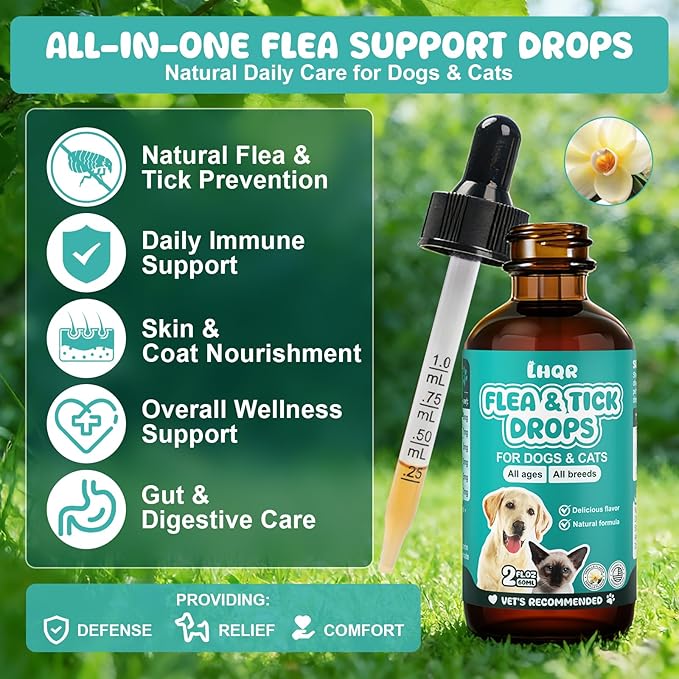 Flea & Tick Support for Dogs and Cats, Supports Healthy Skin Coat & Digestion, Herbal Ingredients Suit for All Breeds and Sizes -Vanilla-2 FL Oz
