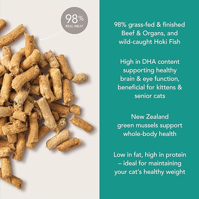 Feline Natural High Protein Dry Cat Food, Freeze-Dried Diet with 98% Meat, Organs & Seafood, No Peas, Grains, or Artificial Additives, Made in New Zealand, Beef & Hoki, 11oz