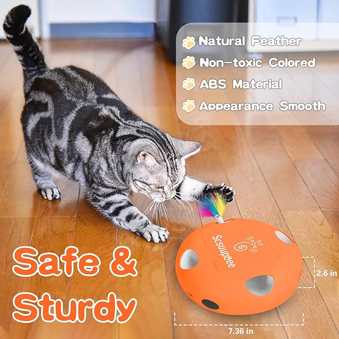 2-in-1 Rechargeable Interactive Cat Toy, Smart Sensor Pop-Up Feather Toy with 7 Holes, USB Powered Automatic Kitten Toy for Indoor Cats, Orange