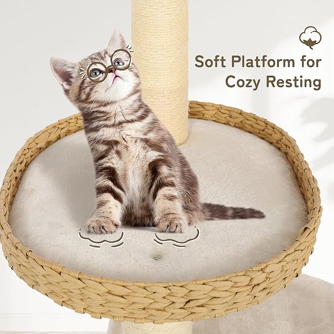 NUNU Modern Cat Tree, Modern Cat Trees Tower, Wooden Cat Tree for Large Cats, 53" Cat Tower for Indoor Cats, Hand-Woven Condo & Top Perch, for Kittens Climb, Play & Rest