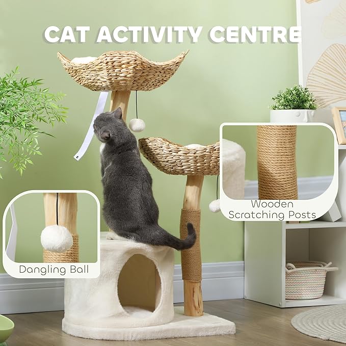 PawHut Cat Tree, 37" Cat Tower for Indoor Cats, Modern Cat Scratching Post with Wooden Posts, Cat Condo, Cat Beds, Toy Balls, Washable Cushions, Anti-Tip Kit, for Kittens & Adult Cats