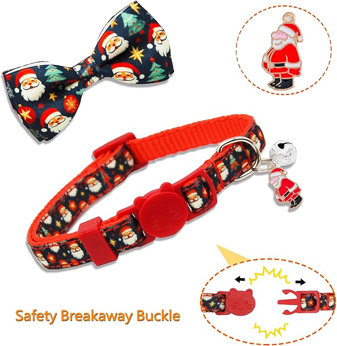 Mieemiu 2 Pack Christmas Cat Collar with Bow Tie, Adjustable Breakaway Collar with Bell for Cats and Kittens, Santa Claus and Red Snowman Holiday Design