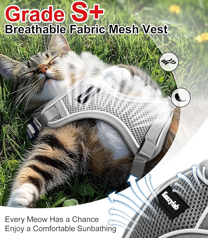 Cat Harness and Leash for Walking Escape Proof Soft Adjustable Cat Leash Breathable Comfortable Vest Easy to Wear Kitten Harness for Outdoor Travel (Grey, S (7-12lb))