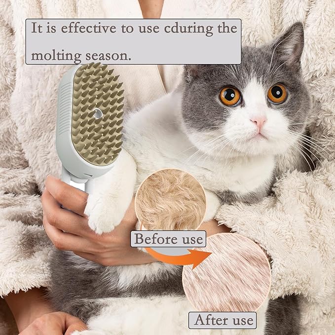3-in-1 Cat & Dog Grooming Brush, Steam & Massage, USB Rechargeable, White, All Hair Types, Pet Owners (Cats & Dogs), Unisex