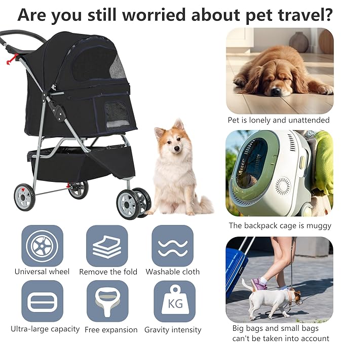 FDW Pet Stroller 3-Wheel Durable Foldable Cat Dog Stroller with Washable Liner Storage Basket Cup Holder,Black