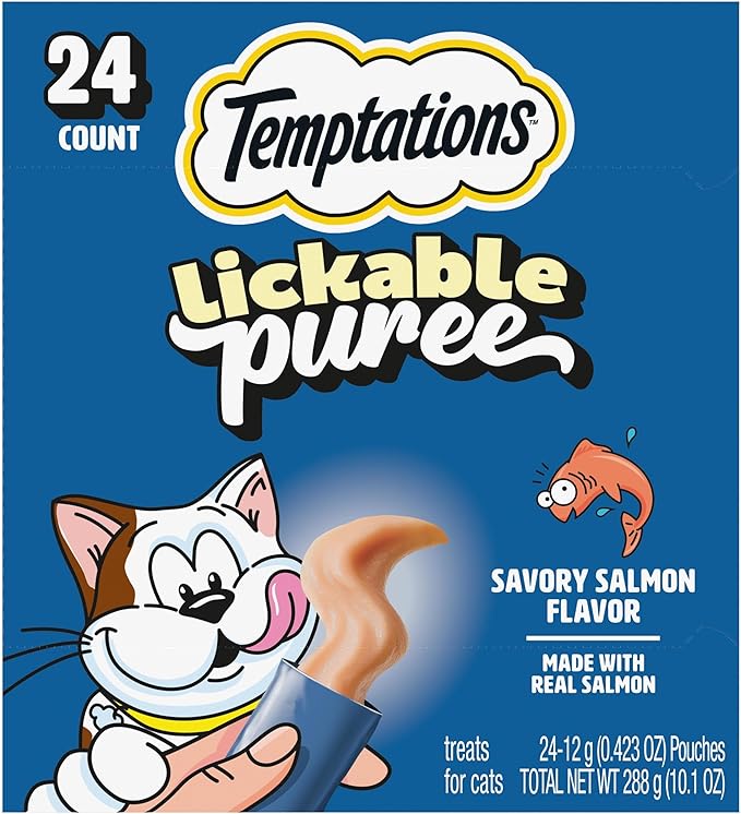 Temptations Creamy Puree Squeezable Lickable Cat Treats, Wet Cat Treats with Salmon, 0.42 oz. Tubes, 24 Count - Packaging May Vary