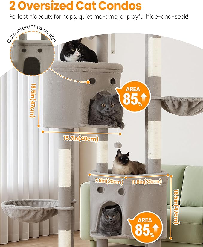 Extra Large Cat Tree, 84 Inch XXL Giant Cat Tower for Indoor Cats Large Adult 20lb+, Multi-Level Cat Climbing Condo with 5 Scratching Posts, 3 Wide Platform Perches, 2 Baskets, 2 Cat Caves, Light Grey
