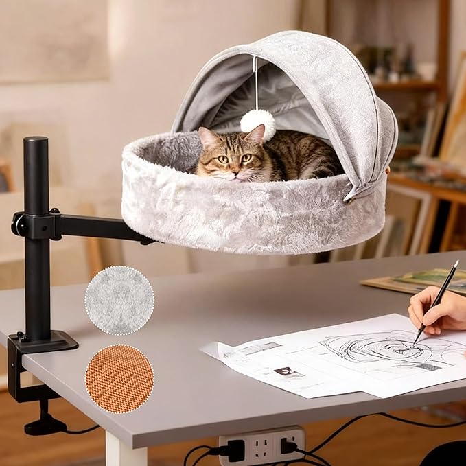 Cat Desk Bed for Large Cats Up to 44lbs, Heavy Duty 360° Rotating Cat Hammock for Desk with Foldable Canopy & Toy Ball, Adjustable Raised Desktop Cat Nest for Office, Reversible Summer & Winter Mat