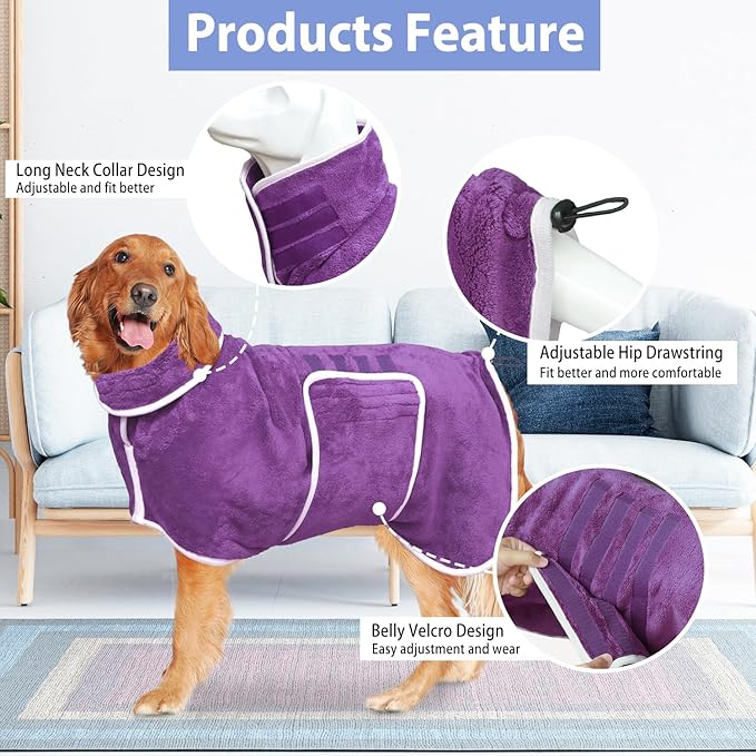 Dog Bathrobe Towel Dog Drying Coat - Super Absorbent Towels Bath Robe for Dogs Large, Soft Adjustable Collar & Belly Strap Fast Drying Coat Pet Cat Bath Robe (Violet, Large)