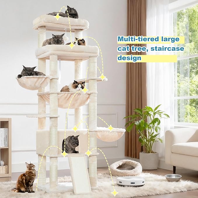 Hey-brother Cat Tree Tower, Scratching Posts with Extra Large Platform and Basket, Specious Condo, 2 Cozy Hammocks, Scratch Board for Indoor Adult Cats, Maine Coon 71.7 inches, Beige MPJ080M