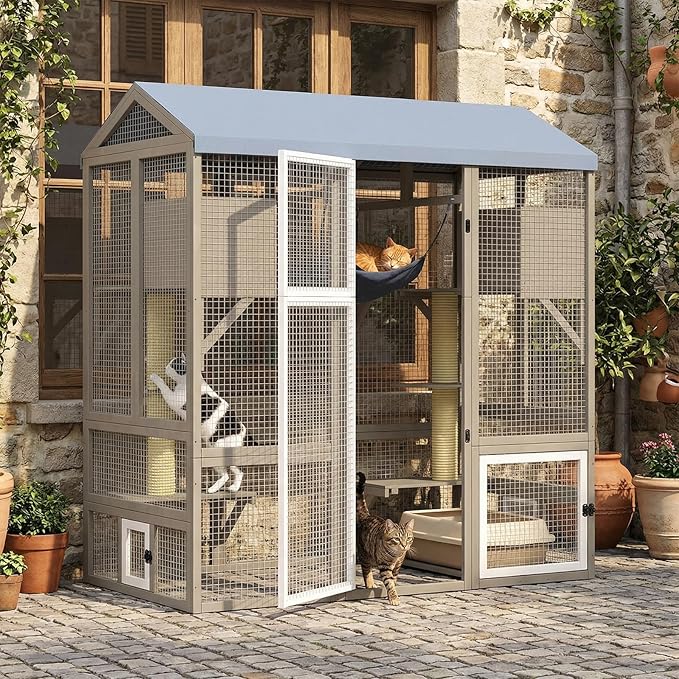 Catio Outdoor Cat Enclosure with Window Access, Large Walk in Cat House Outdoor Kitty Cage with 7 Jumping Platforms, Scratching Posts, Hammock, Slide & Clean Litter Box Access