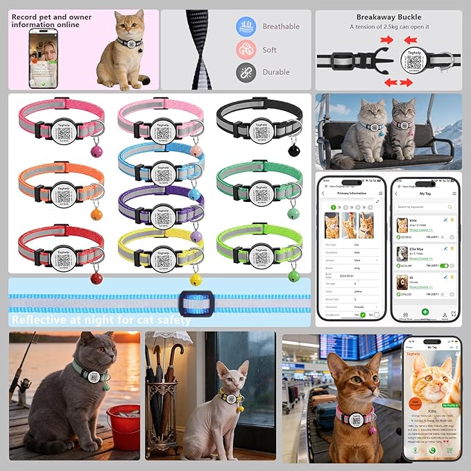 2 Pack QR Code Cat Collar for Lost Cat Recovery, Breakaway Reflective Collar with Bell & Instant Online ID, Adjustable 7.5-12.5 Inch for Peace of Mind (Black & Rose Red)