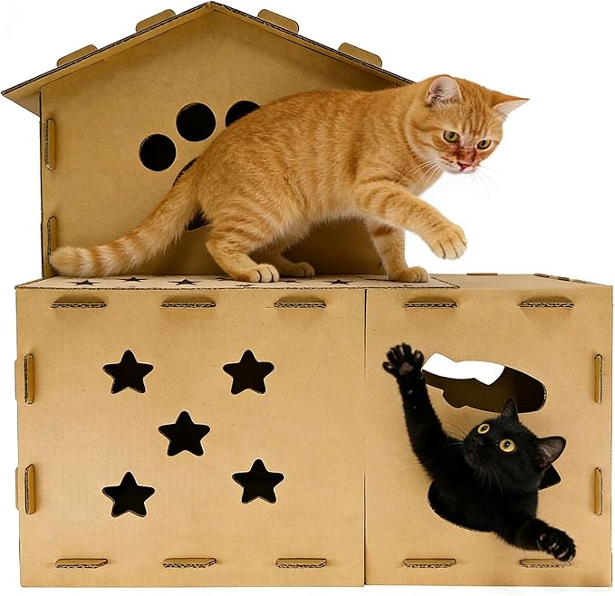 Cardboard Cat Scratcher House, Modular Cat Condo - 25" Large 2-in-1 Double Layer Cat Play Villa with Built-in Scratching Surface for Indoor Cats - Final Clearance, Limited Stock Left!