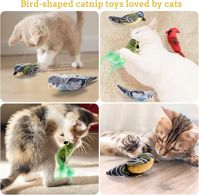 Cat Catnip Toys Interactive Cats 4pcs Kitten Plush Nip Chew Bird Toy with Crinkle Paper Pet Best Treats Stuffed Pillow Cute Teething Play Gifts Soft Kick Sound Supplies for Indoor Kitty