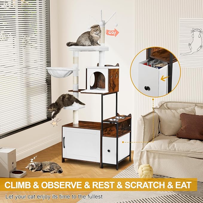 Snughome Cat Tree with Litter Box Enclosure, 3-in-1 Modern Cat Tower for Indoor Cats, 67.32’’ Hidden Cat Litter Box Furniture with Cat Condo, Food Station and Hammocks, All-in-one Cat Furniture