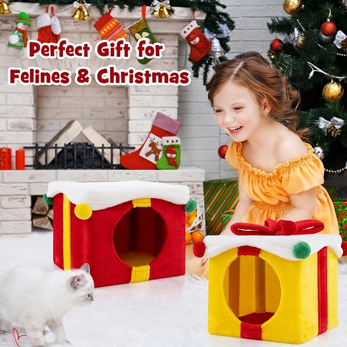 Tangkula Gift Box-Shaped Cat House, Christmas 2-Story Cat Condos, Stackable & Free Combination Kitten Tower, Soft Plush Covered Hideaway Cat Beds Caves for Indoor Kittens