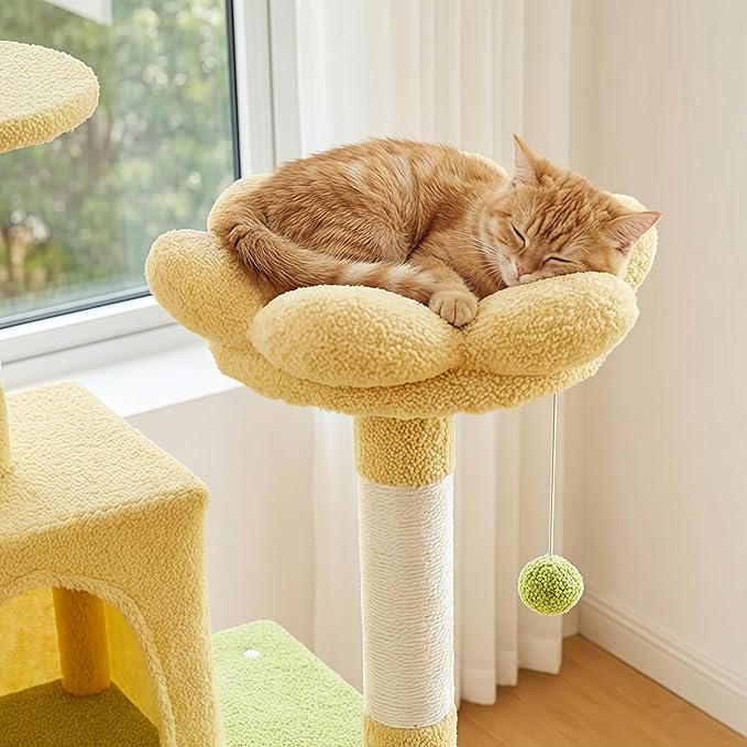 Flower Cat Tree 71 Inches，Large Cat Tower with 2 Detachable Flower Cushions and 2 Hiding Condo, Tall and Big Cat Tree with Hammock Bed, Interactive Toys and Scratching Posts for Indoor Cats (Yellow)