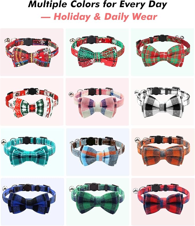 Joytale Upgraded Cat Collar with Bells, Breakaway Cat Collars with Bow Tie, 1 Pack Girl Boy Safety Plaid Kitten Collars, Green