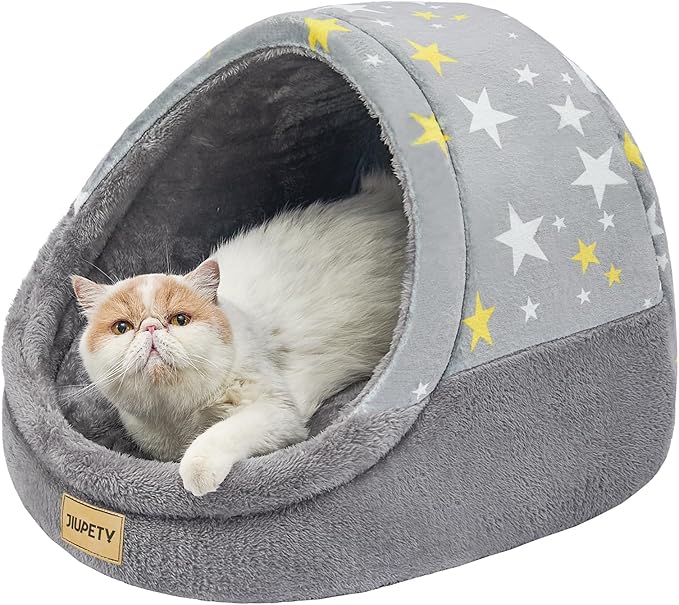 Jiupety Cute Cat Beds for Indoor Cats, Cat Cave Bed for Kittens, Large Cat Cave and Covered Cat Bed with Anti-Slip Bottom, Washable Removable Cushion, M(16"x16"x13"), Gray Star