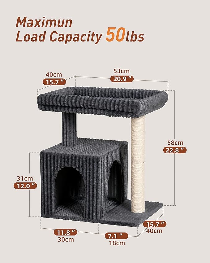Cat Tree for Large Cat, 20.9 * 15.7in Large Perch Bed for Adult Cats, 22.8in Cat Tower with Scratching Post, Cat Condo with 2-Door for Indoor Cats, Dark Gray
