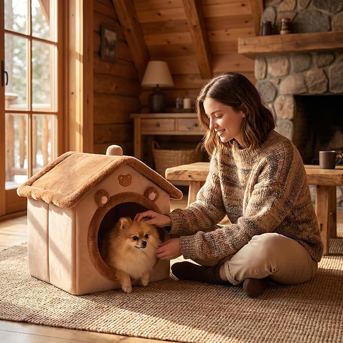 Cat Bed Cave, Cute Bear Shape Cat Beds for Indoor Cats, Pet House Cats Tent with Removable Cushion Pillow for Kittens Puppy Small Dogs (Brown-L, 20.4 * 16.9 * 19.6in)