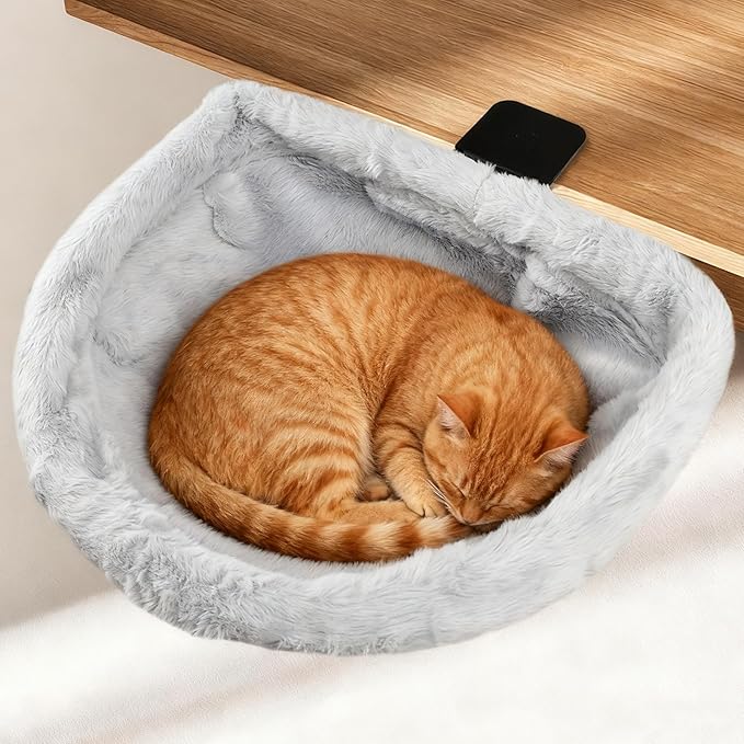 Cat Desk Bed, Ca-t Bed for De-sk, Modern Cat Desk Hammock for Various Desktops, Dual Clamps & Sunken Hammock Design, Holds Up to 40lbs(Color:Light Gray)