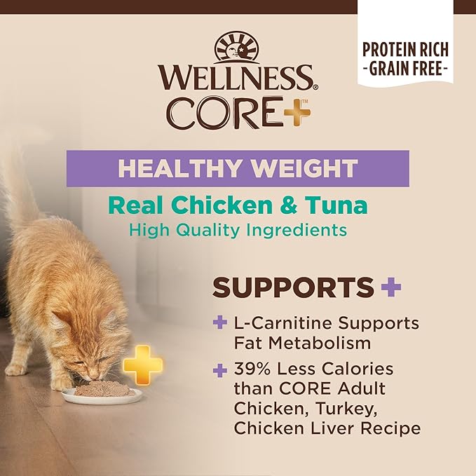 Wellness CORE+ Healthy Weight Pate Adult Canned Wet Cat Food, Natural, Protein Rich, Grain Free, Chicken and Tuna Recipe, 2.8 oz, Pack of 12 Cans