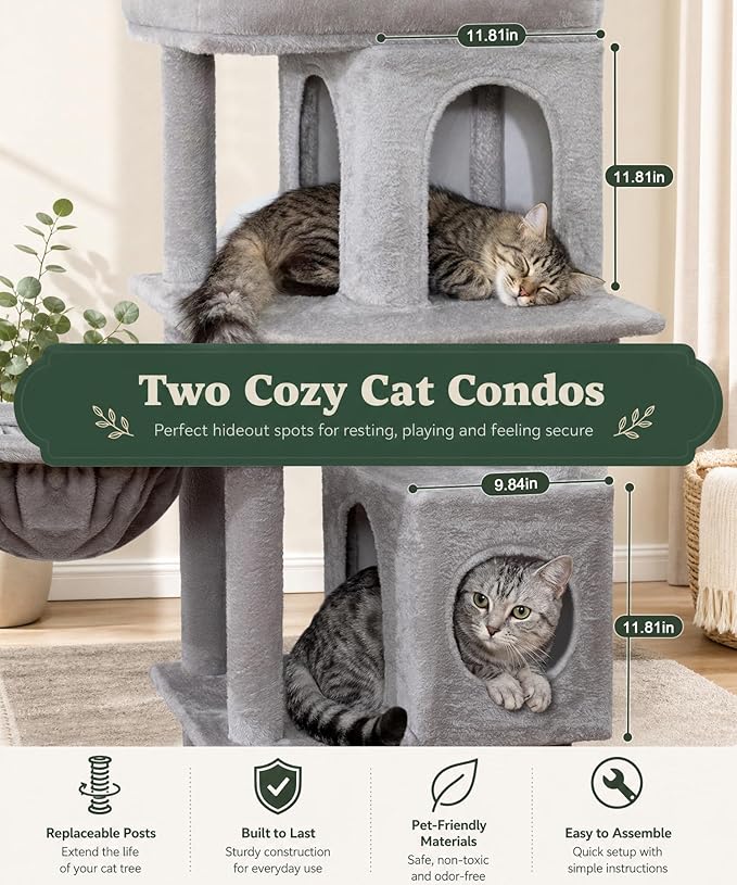 68 Inches Heavy Duty Cat Tree for Indoor Cat, Big Cat Tower with Sisal Scratching Posts and Top Perch, Large Platform for Adult Cats, PMT02GY, Grey