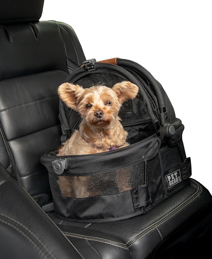 Pet Gear No-Zip View 360 Ultra Lite Pet Safety Carrier & Car Seat for Small Dogs & Cats Push Button Entry, View 360 15-inch, Jet Black