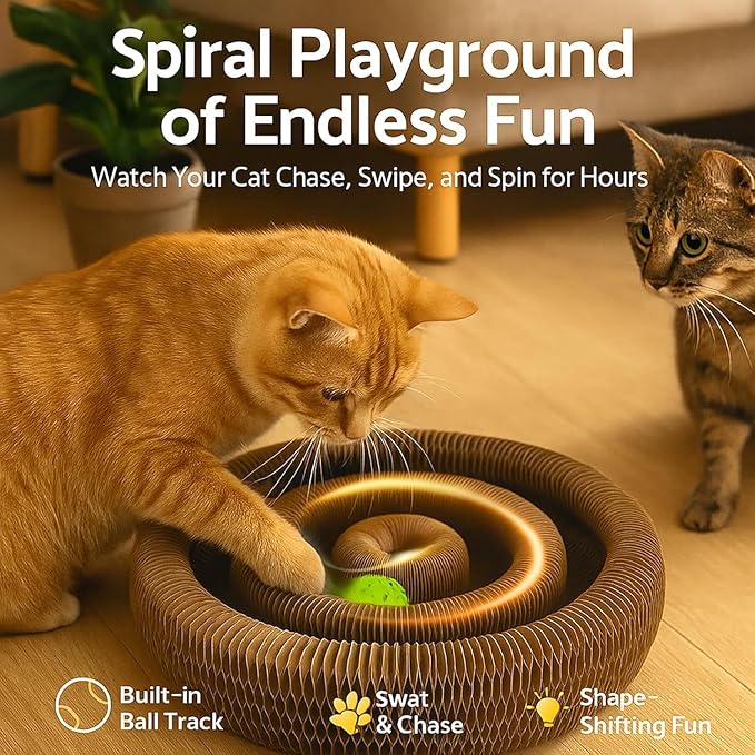 Interactive Cat Toy, Kitty Curls Cat Scratcher, Twisty Paws Cat Scratching Post, Kitty Kurls Magic Organ Cat Scratch Pad with Ball Toy for Indoor Cats, Kitty kurlz Modern Cat Scratching Board