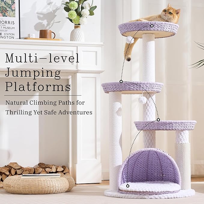 Wood Modern Cat Tree for Large Cat, 46" Tall Cat Tower with Scratching Posts, Cat Condo, Aesthetic Multi-Level Cat Climbing Tree with Hand-Woven Bed for Adult Indoor Cats-Purple