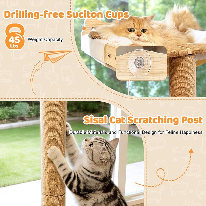 Cat Window Perch Hammock with 3-Piece Detachable Sisal Scratching Posts, White Fluffy Cusion, Drill-Free Suction Cup Mount, Multi-Level Climbing Perch for Bird Watching, 45 LBS Capacity
