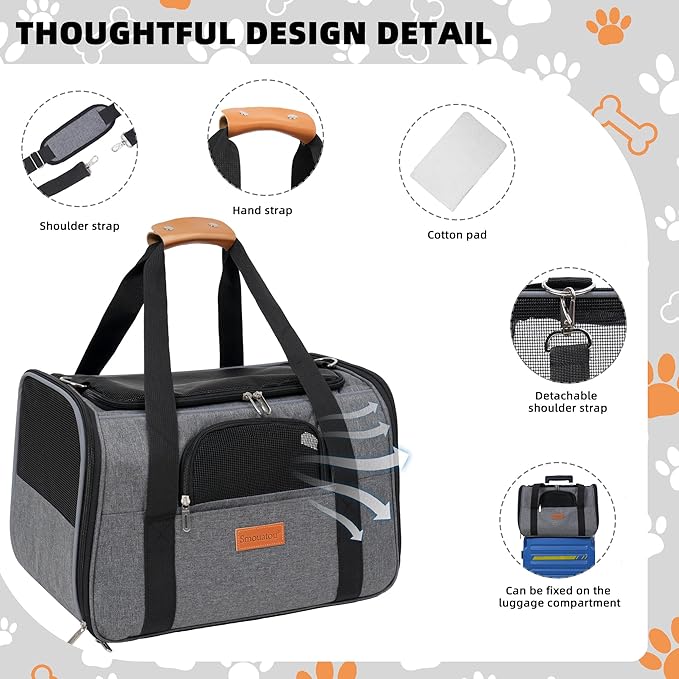 SMOUATOU Cat Carrier, Dog Carrier, Cat Bag Carrier, Cat Travel Carrier, Soft-Sided and Scratch-Proof mesh Cat Bag Pet Carriers, Travel Puppy Carry, Pet Home (Grey)
