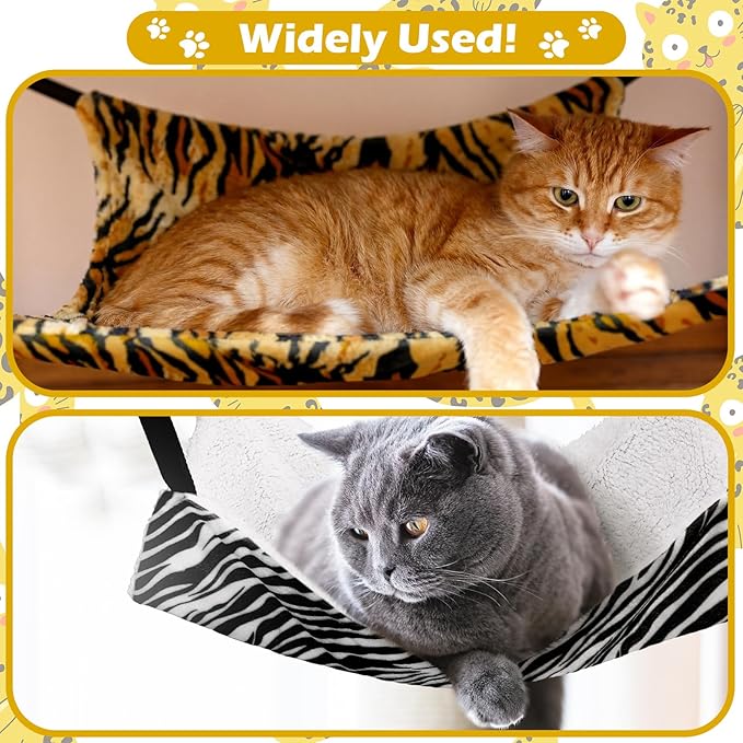 Jetec 2 Pack Cat Hammock for Cage, Catio Accessories Reversible Soft Cats Bed with Adjustable Straps and Hooks Double-Sided Linen and Fleece Hanging Hammock for Cats, Kitten(Zebra, Tiger Stripes,L)