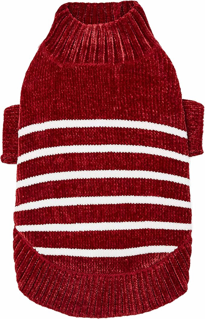 Blueberry Pet Cozy Soft Chenille Classy Striped Dog Sweater in Burgundy Red, Back Length 22", Pack of 1 Clothes for Dogs
