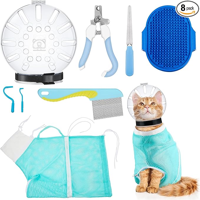 8 Pcs Cat Muzzle Set with Adjustable Cat Bathing Bag Breathable Clear Muzzle Pet Grooming Brush Tick Remover Tool Nail Clipper Nail File for Dog, Bunny Cleaning Trimming(L Size,Blue)
