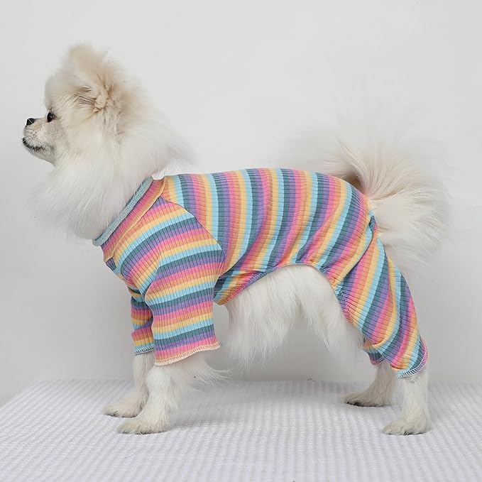 Dog Pajamas Small Sized Dog Striped Girl Puppy Clothes Onesie, Stretchy 100% Cotton Rib Pet Onesie, Four-Legged Dogs Pjs Body Suits for Teacup Chihuahua Yorkie Bulldog Pug, Purple, L